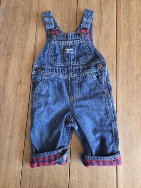 OshKosh B'gosh Dark Blue Denim Overalls with Red Plaid Cuff